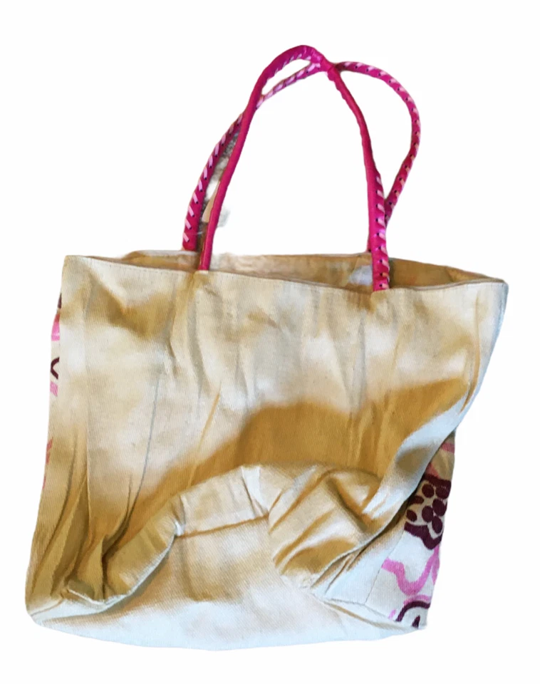 Bolso de Playa Vintage Bijoux Terner Grande Crema Rosa Caliente Lona Con Cuentas Forrado Foto 2 de 4