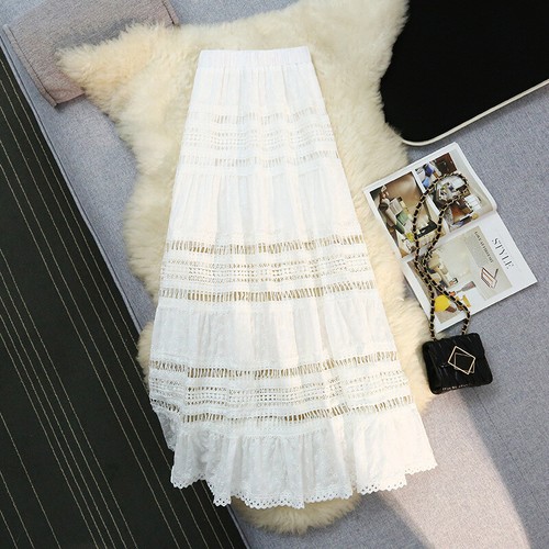 White Hollow Lace Skirt Women's Summer New Fairy Cake Skirt A-line Long Skirts - Picture 9 of 25