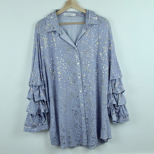 Solitaire Women's 1X Top Metallic Gold Stars Statement Sleeve Nautical Preppy