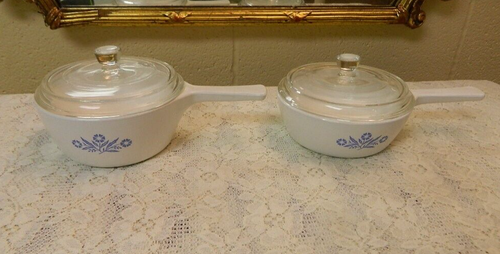 Vintage MCM Corning Blue Corn 1 1/2 Pt & 1 Pt Sauce Pans 4 Pc.  - Nice! - Picture 1 of 6