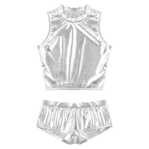 Womens Metallic Rave Dance Crop Top with Panties Sexy 2Pcs Swimsuit Outfit Suit - Picture 19 of 46
