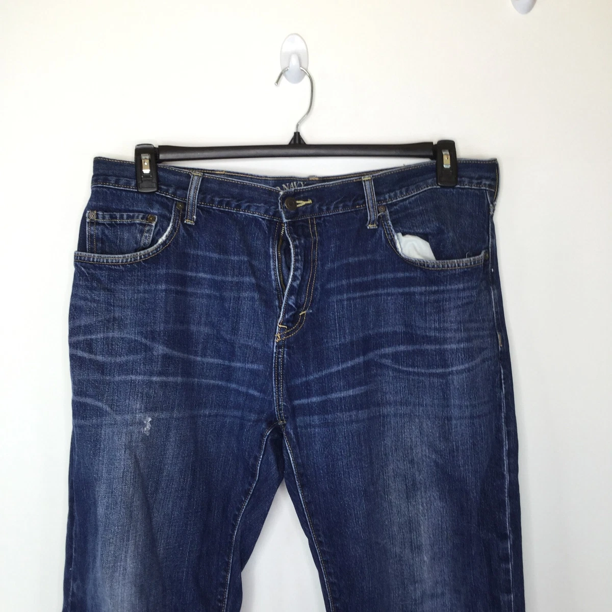 Old Navy Jeans Men 40X30 Blue Denim Loose Fit Fringe Hems Pockets Button Closure