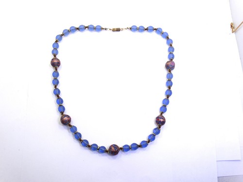 Murano Italian Vintage Blue WEDDING CAKE Art Glass Frosted Beads 20" Necklace - Picture 1 of 4