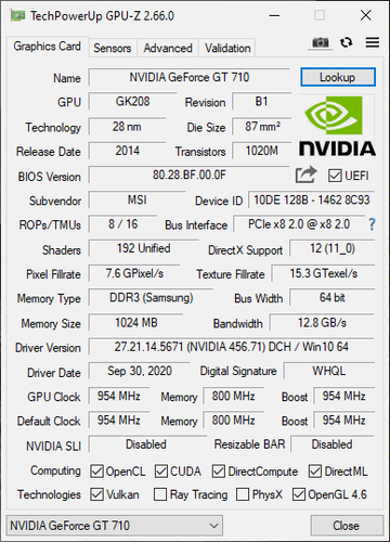 NVIDA MSI GeForce GT 710 1GB DDR3 Graphics Card (GT 710 1GD3H LP) - Picture 8 of 9