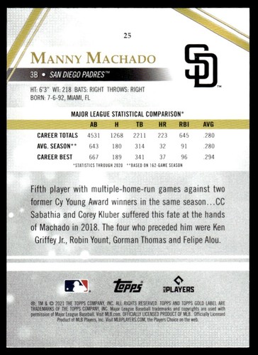 2021 Topps Gold Label Class 1 Manny Machado San Diego Padres #25 R70 - Picture 2 of 2