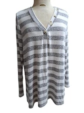 Ali Miles Sweater Top Womens L Striped Fuzzy Knit Long Sleeve Buttons V-Neck 