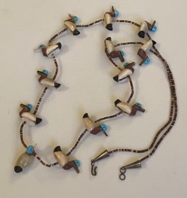 Navajo NA Duck Fetish Turquoise Stone Shell Inlay Heishi 28 inch Necklace