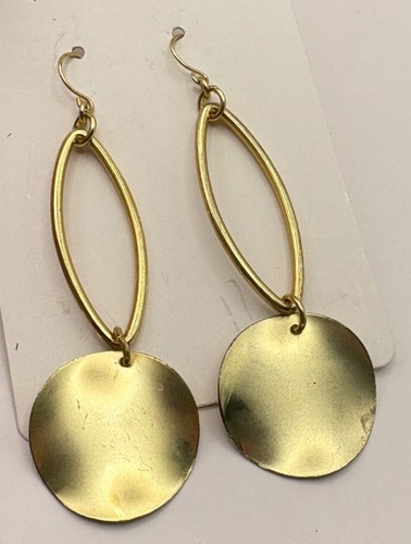 Gold Tone Dangling Oval & Disc Drop Earrings Chic Retro Design - Picture 4 of 7
