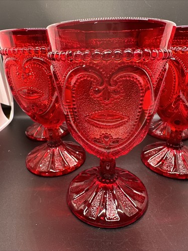 Set Of 6 Vintage LG Wright Ruby Red Sweetheart Pattern Water Wine Goblets - Bild 5 von 24