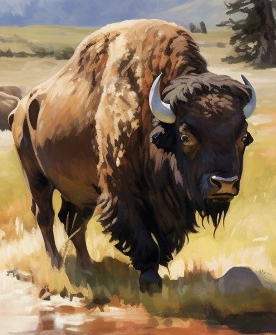 "Arte occidental original pintado a mano - rebaño de bisontes americanos por una corriente 24x16"" firmado" Foto 2 de 3