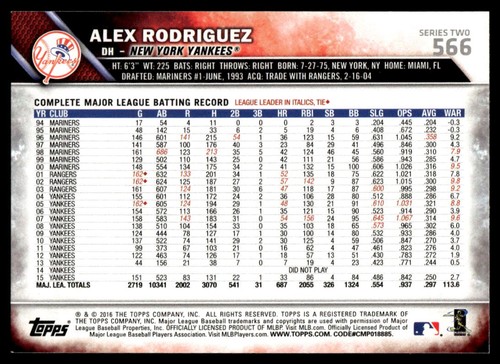 2016 Topps #566 Alex Rodriguez - Picture 2 of 2