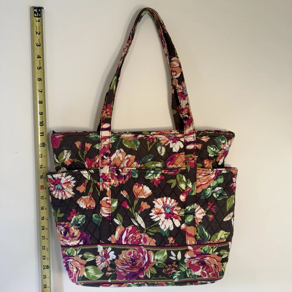 Bolso de Mano Vera Bradley 16.5" x 14" Marrón Floral "ROSA INGLESA" Go Round Cremallera Foto 2 de 4
