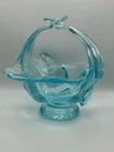 Mid Century Murano Style Aqua Blue Art Glass Basket Bowl Twisted Handle GLOWS