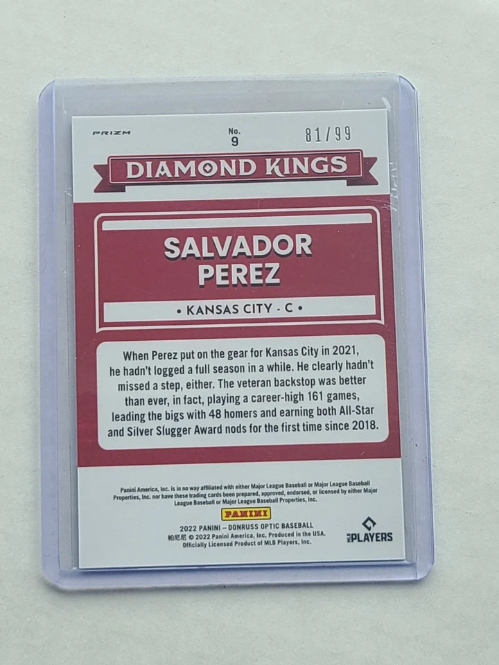 2022 Panini Donruss Optic Diamond Kings Salvador Perez Purple Prizm Card /99 - Image 2 of 2