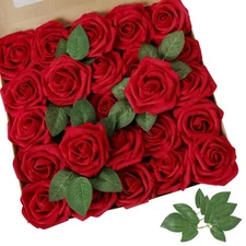 Artificial Flower Dark Red Rose 100pcs Real Looking Fake Roses w/Stem for DIY...