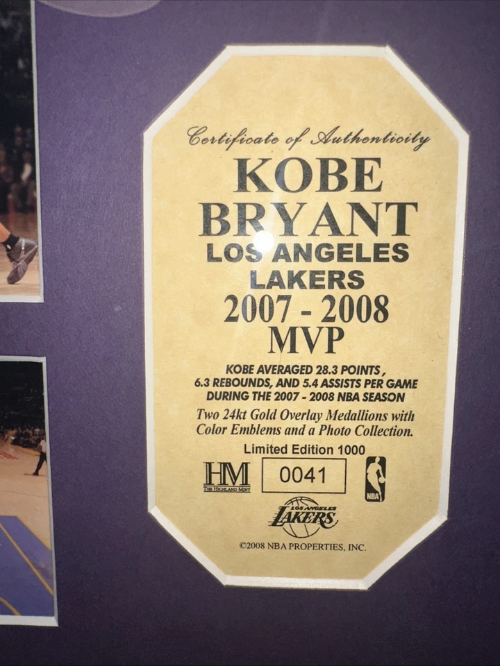 Kobe Bryant Limited Edition Frame 041/1000 24KT Gold Medallion Overlay.  HM - Image 4 of 4