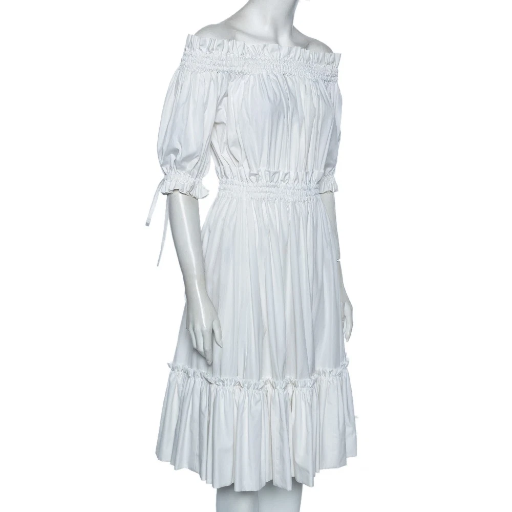 Abito midi Alexander McQueen bianco cotone arricciato a più livelli sulle spalle M