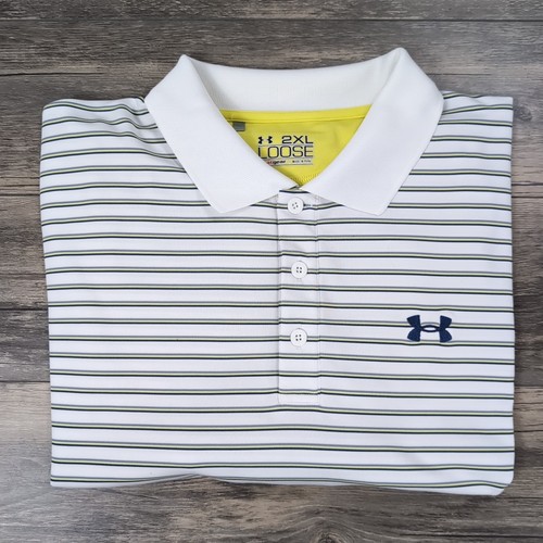 Under Armour Loose Heat Gear Men’s White Striped Polo Shirt Size 2XL Golf - Picture 5 of 12