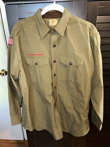 Vintage Dress Shirt Olive Green BSA Boy Scout uniform Wool??  #51 Larger size