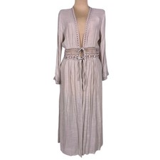 Rebellion Again Beige Lace Trimmed Tie Front Boho Kimono Duster Lrg Beach Cover