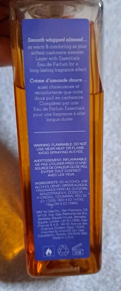 GAP ESSENTIALS ALMENDRA BATIDA CACHEMIRA CUERPO NIEBLA SPRAY PERFUME 8 OZ 80% COMPLETO Foto 4 de 4
