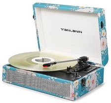 Vintage Bluetooth Vinyl Record Player 3-Speed with Built-in Floral Print