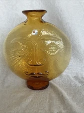 Vintage Blenko Wayne Husted Design Topaz Omnibus Sun Face Vase Yellow Amber 10"