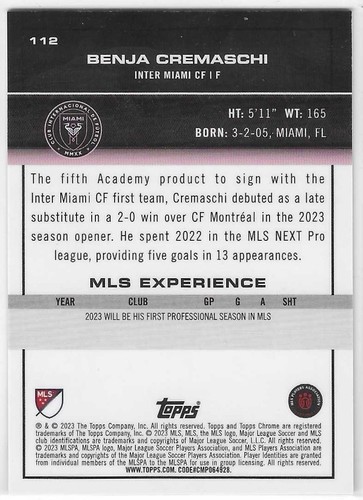 2023 Chrome MLS Neon Green Refractor /99 Benjamin Cremaschi Benja #112 Rookie RC - Picture 2 of 2
