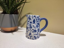 Blue & White Ceramic Jug, Hare & Floral Print Vase 11cm tall