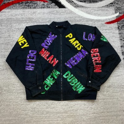 VTG Modi Denim Sequin Bomber Jacket Extra Large Black Cities Of The World Women