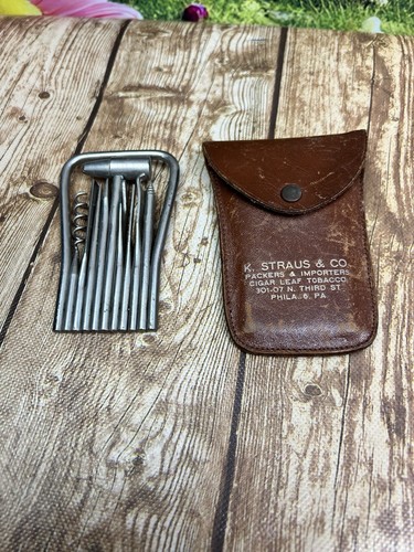 Vintage K Straus & CO Folding Bow Corkscrew and Tool Set with Leather Rumpp Case