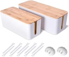 2 Pack Large Cable Management Box Wooden Style Cord Organizer White