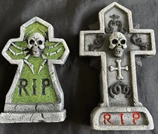 2 Heavy 7” Stone Tombstone Graveyard Halloween Table Decor RIP Skeleton