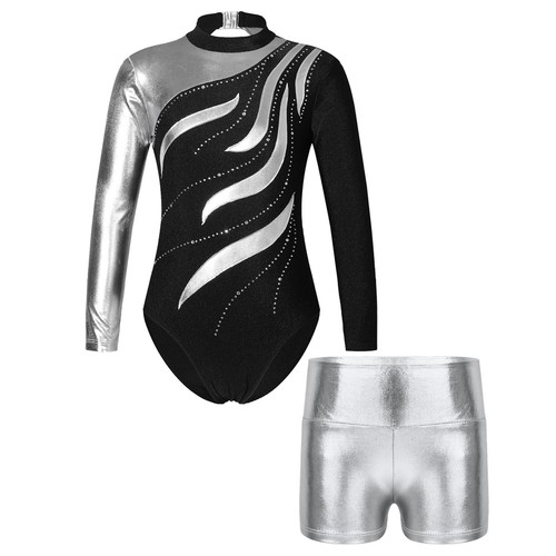 Kids Girls Dance Outfits Cutout Back Stage Performance Outfits Metallic Shiny - Picture 6 of 47