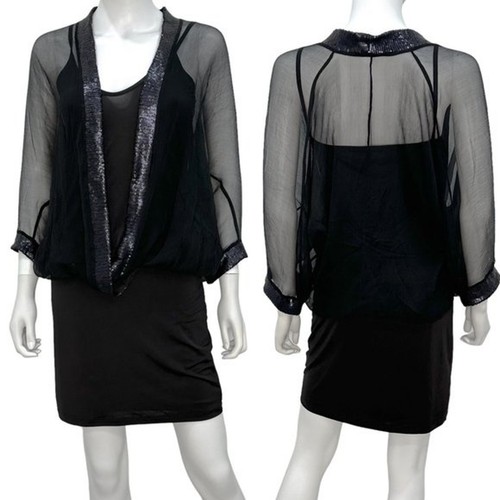Analili Blouson Silk Overlay Top Sequin Fitted Slip Mini Dress in Black Size S