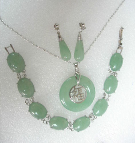 Jewelry Set Jade 18K Gold Plated Pendant Necklace Bracelet Earrings Lucky Party - Bild 10 von 24