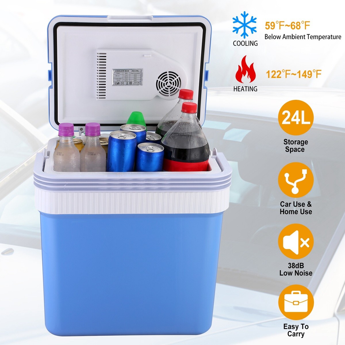 24L Portable Car Freezer Cooler 12V Mini Travel Refrigerator Cooling Fridge Box