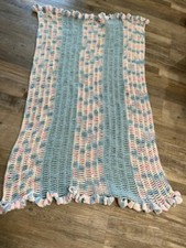 Crochet Baby Blanket Pink Blue And White Vintage 48 x 32
