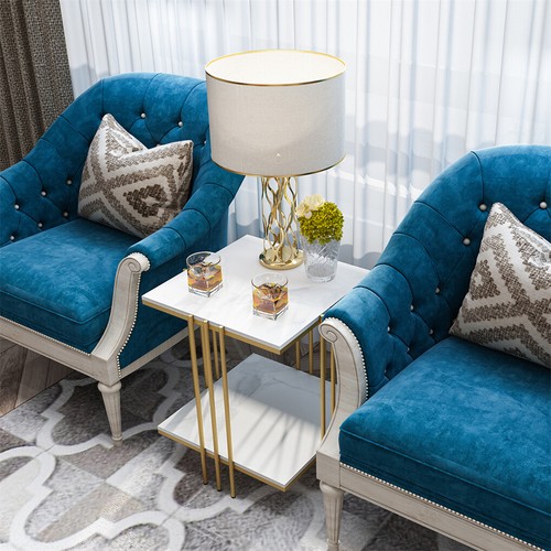Modern Marble Side Table 2 Tier Square Accent Small Coffee Table Sofa End Table - Picture 10 of 18