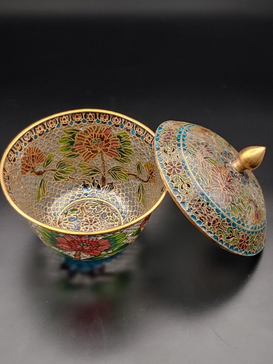 脱胎珐琅器琉璃景泰蓝掐丝月季花盖碗Bol couvercle vintage