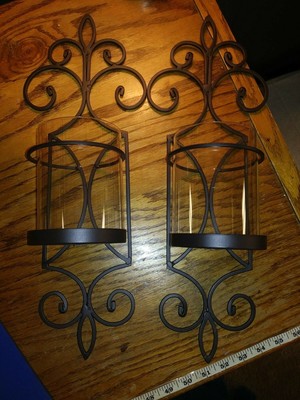 Wrought Iron Candle Wall Sconce Pair With Clear Glass Covers 19 Tall - Rod Iron Candle Wall Sconces Wrought Iron Candle Wall Sconce Pair With Clear Glass Covers 19 Tall - Rod Iron Candle Wall Sconces