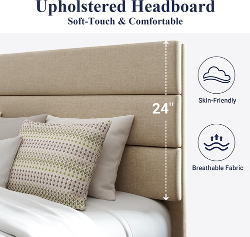 King Size Platform Bed Frame with Fabric Upholstered Headboard and Wooden Slats - Picture 4 of 12