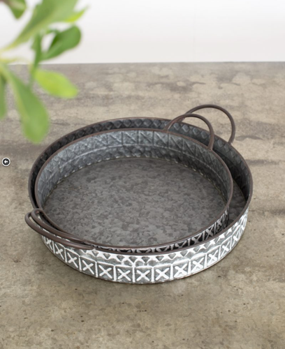 Pair of Large Galvanised Metal Grey Rustic Round Serving Trays Platters - Picture 7 of 9