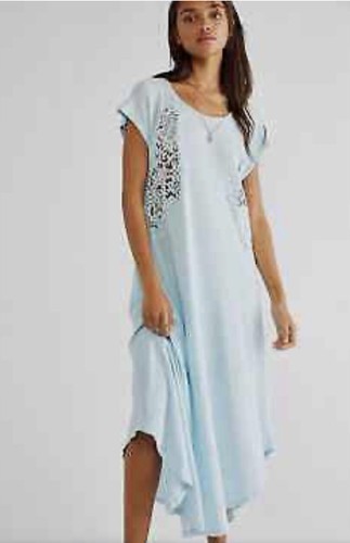 Free People Leighanne Maxi Dress Tee Crochet Lace Round Hem Sky Blue S NWT
