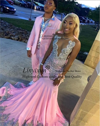 Vestido de fiesta de noche rosa de sirena africana para niña negra con cuentas de cristales - Imagen 4 de 6