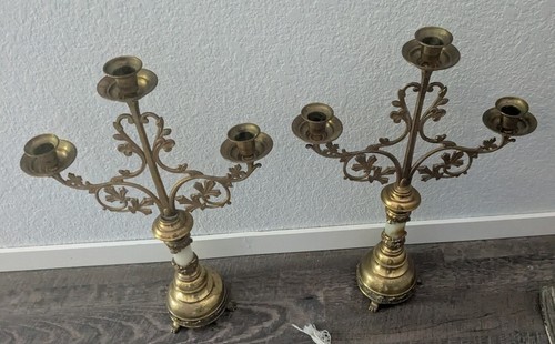 Vintage Large Solid Brass 3 Light Ornate Candelabras 18.5"  Pair