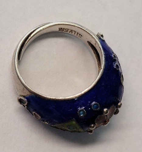 CHINESE ANTIQUE Cloisonne blue SILVER enamel dome Fish And Flower RING - Picture 3 of 7