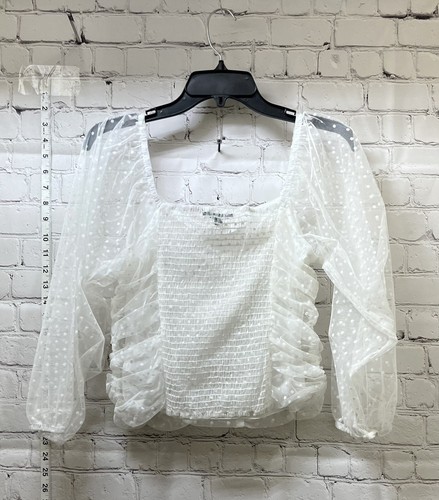 Ambiance Damen weiß gepunktetes schulterfreies Oberteil transparenter Rücken & lange Ärmel bauchfrei - Bild 1 von 4