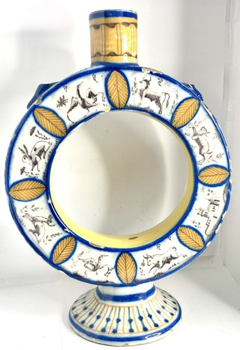 18th C Circular Faience Flask Vase Birds Deer Cattle Hare Dog Flora Hunter - Picture 11 of 17