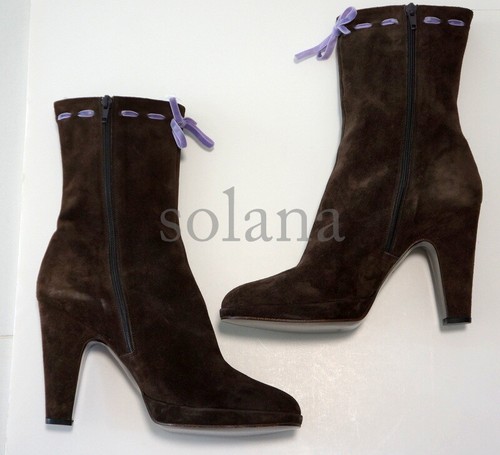 MIU MIU Italy Suede/Leather Platform High Heel Zip Up Boots w/Ribbon sz 10 New